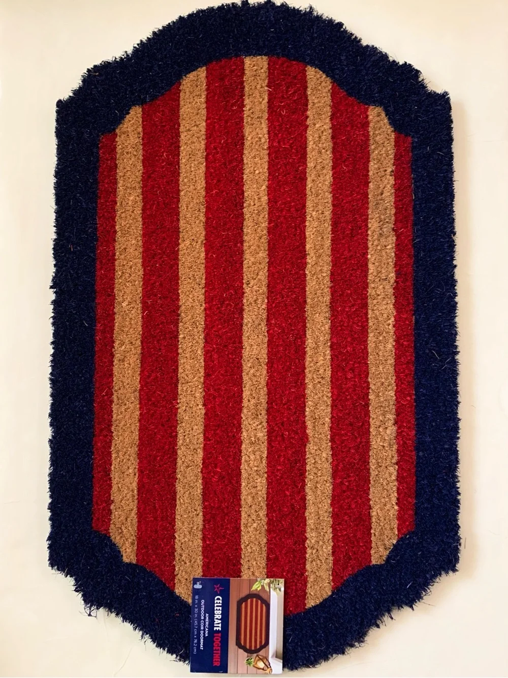 Outdoor doormat red stripe navy trim